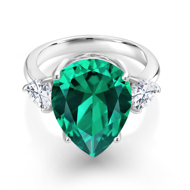 9.19 Cttw Green Nano Emerald and White Moissanite 3-Stone Ring For Women In 925 Sterling Silver | Pear Shape 16X12MM | Trillion 5MM | Available In Size 5, 6, 7, 8, 9