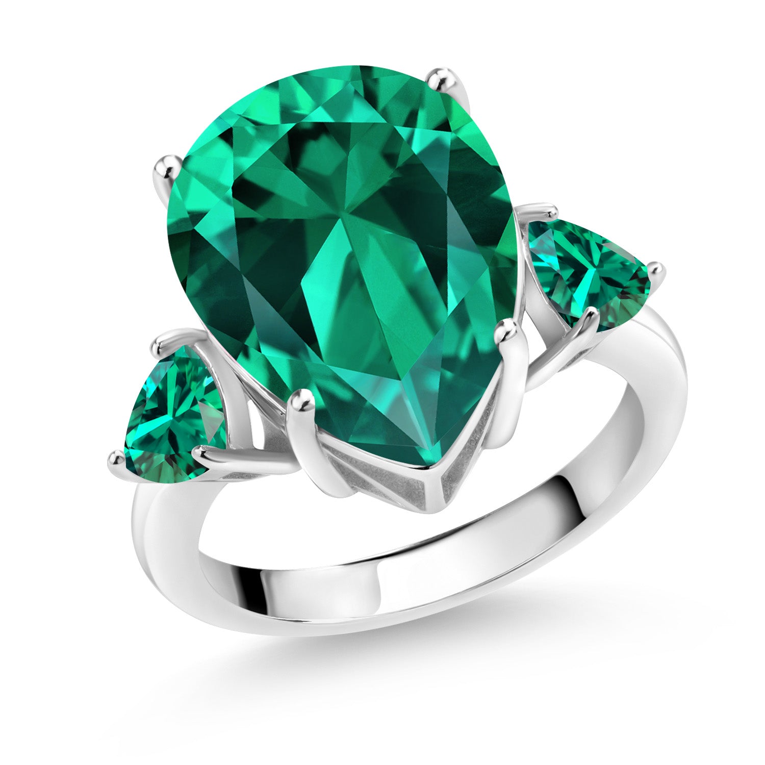 925 Sterling Silver Pear Shape Green Nano Emerald Ring For Women (9.19 Cttw, Available In Size 5, 6, 7, 8, 9)