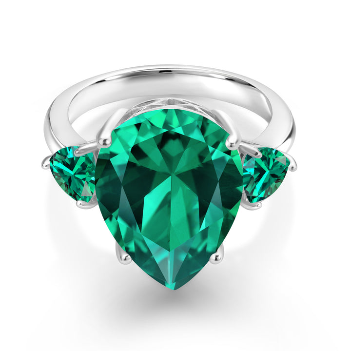 925 Sterling Silver Pear Shape Green Nano Emerald Ring For Women (9.19 Cttw, Available In Size 5, 6, 7, 8, 9)