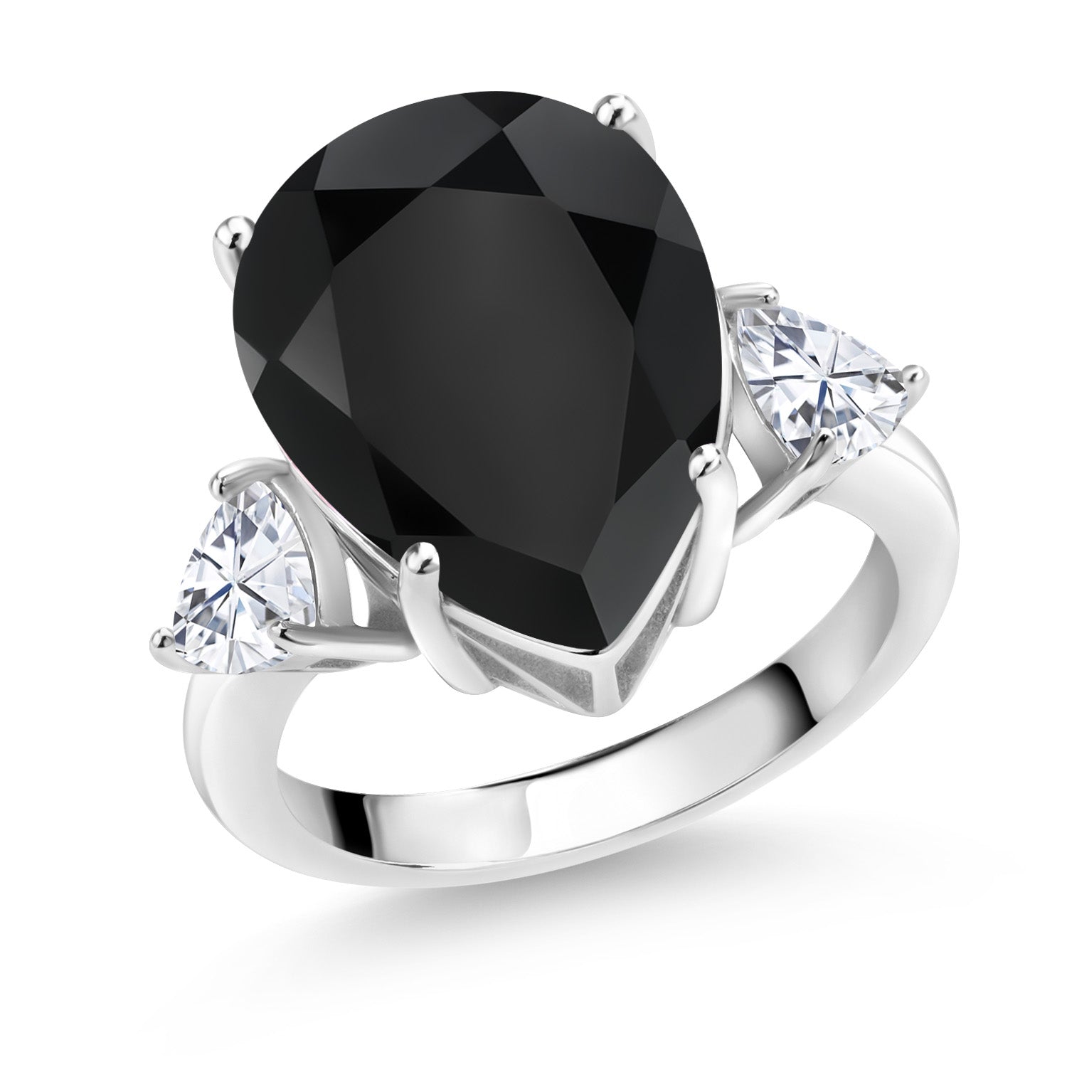 925 Sterling Silver Pear Shape Black Onyx and White Moissanite 3 Stone Ring For Women (8.31 Cttw, Gemstone Birthstone, Available In Size 5, 6, 7, 8, 9)