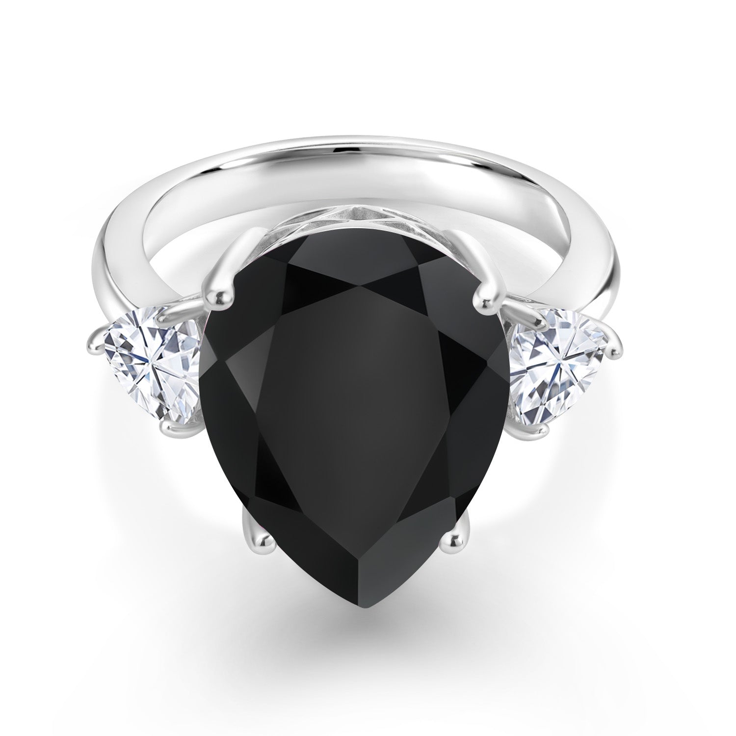 925 Sterling Silver Pear Shape Black Onyx and White Moissanite 3 Stone Ring For Women (8.31 Cttw, Gemstone Birthstone, Available In Size 5, 6, 7, 8, 9)