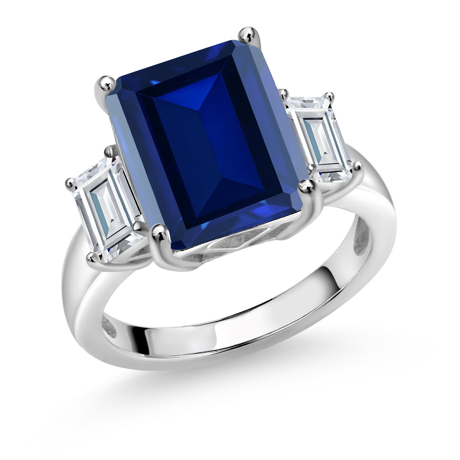 925 Sterling Silver Blue Simulated Sapphire and White Moissanite 3 Stone Women Ring (7.84 Cttw, Gemstone Birthstone, Available In Size 5, 6, 7, 8, 9)