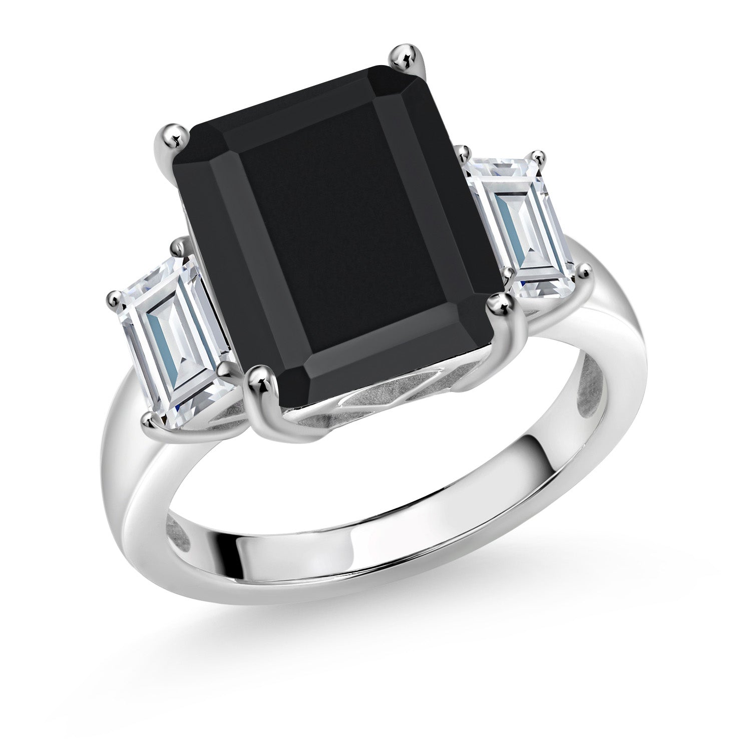 925 Sterling Silver Black Onyx and White Moissanite 3 Stone Women Ring (6.91 Cttw, Gemstone Birthstone, Available In Size 5, 6, 7, 8, 9)