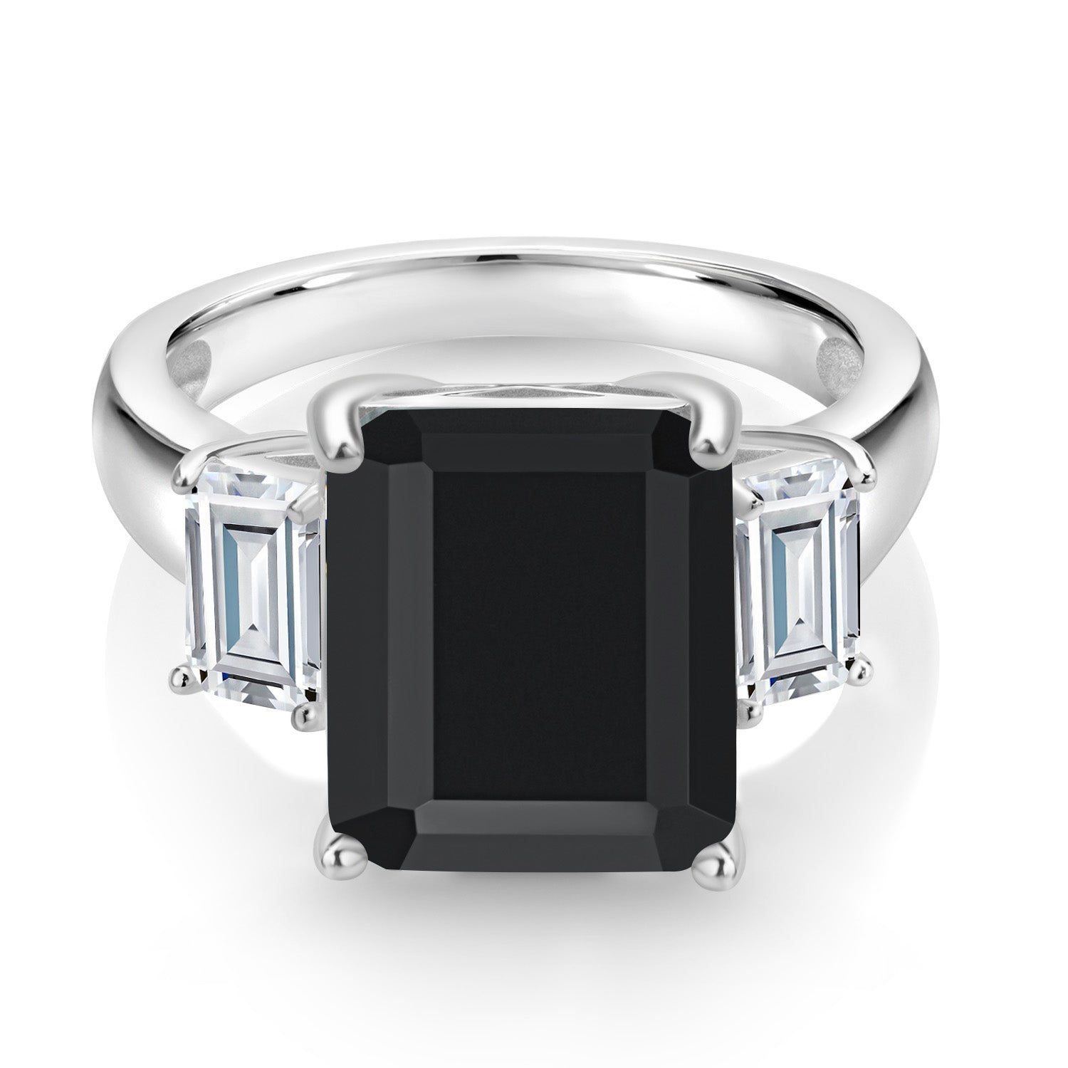 925 Sterling Silver Black Onyx and White Moissanite 3 Stone Women Ring (6.91 Cttw, Gemstone Birthstone, Available In Size 5, 6, 7, 8, 9)