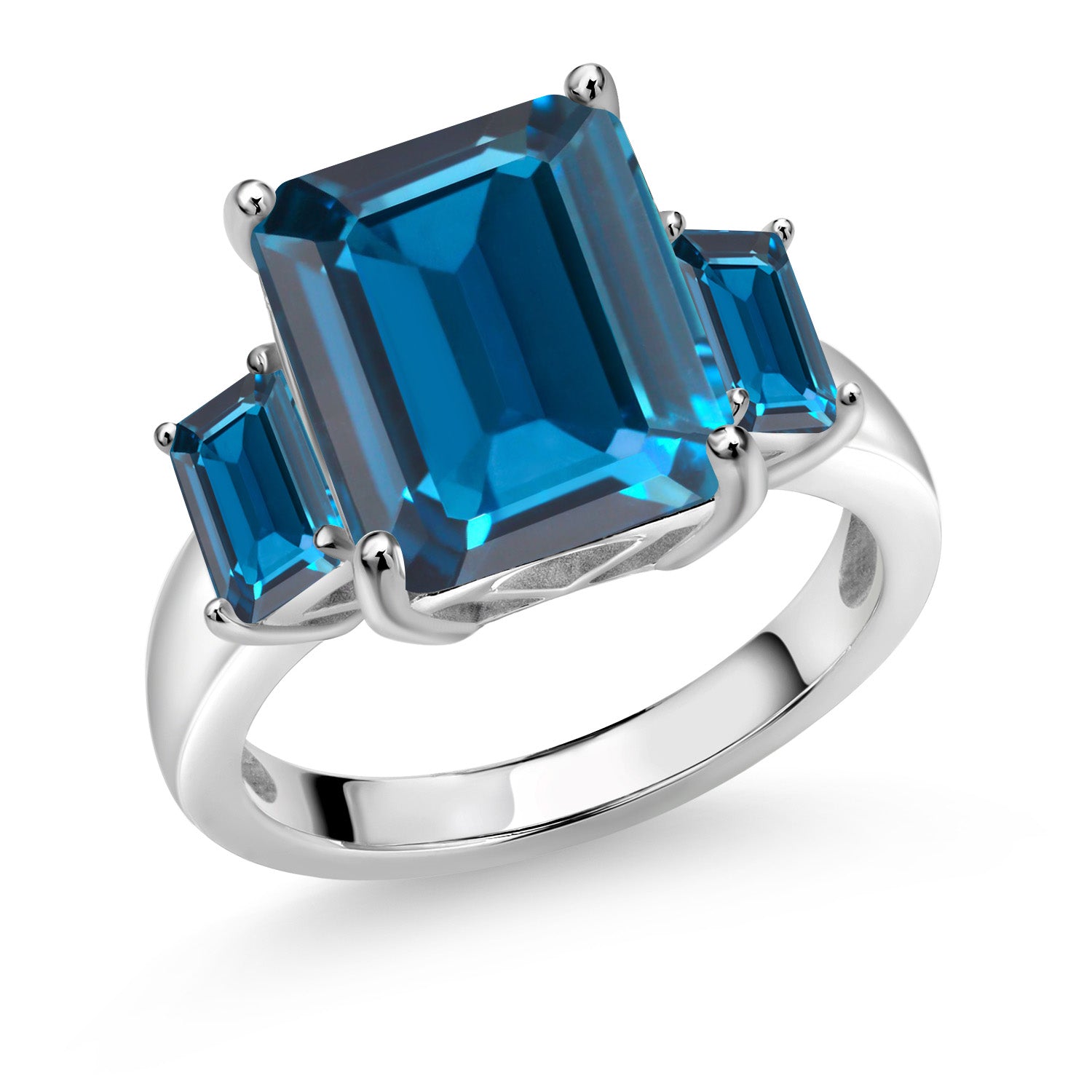 8.82 Cttw London Blue Topaz 3-Stone Ring For Women In 925 Sterling Silver | Gemstone Birthstone | Emerald Cut 12X10MM and 6X4MM | Available In Size 5, 6, 7, 8, 9