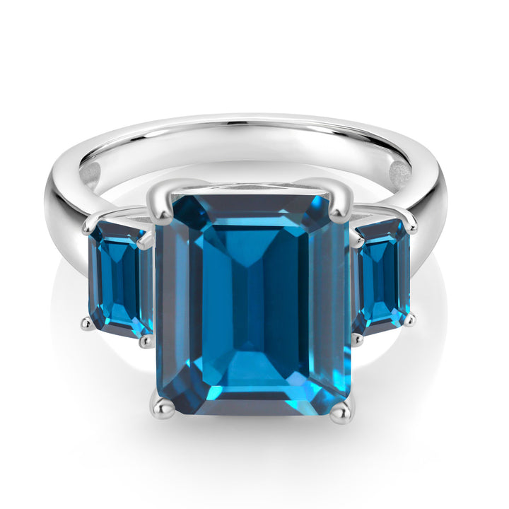 8.82 Cttw London Blue Topaz 3-Stone Ring For Women In 925 Sterling Silver | Gemstone Birthstone | Emerald Cut 12X10MM and 6X4MM | Available In Size 5, 6, 7, 8, 9