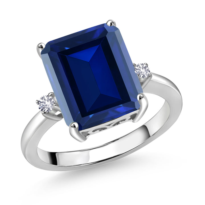 925 Sterling Silver 12X10MM Blue Simulated Sapphire and 2MM White Created Sapphire 3 Stone Engagement Ring For Women | 6.78 Cttw | Gemstone September Birthstone | Available in Size 5,6,7,8,9