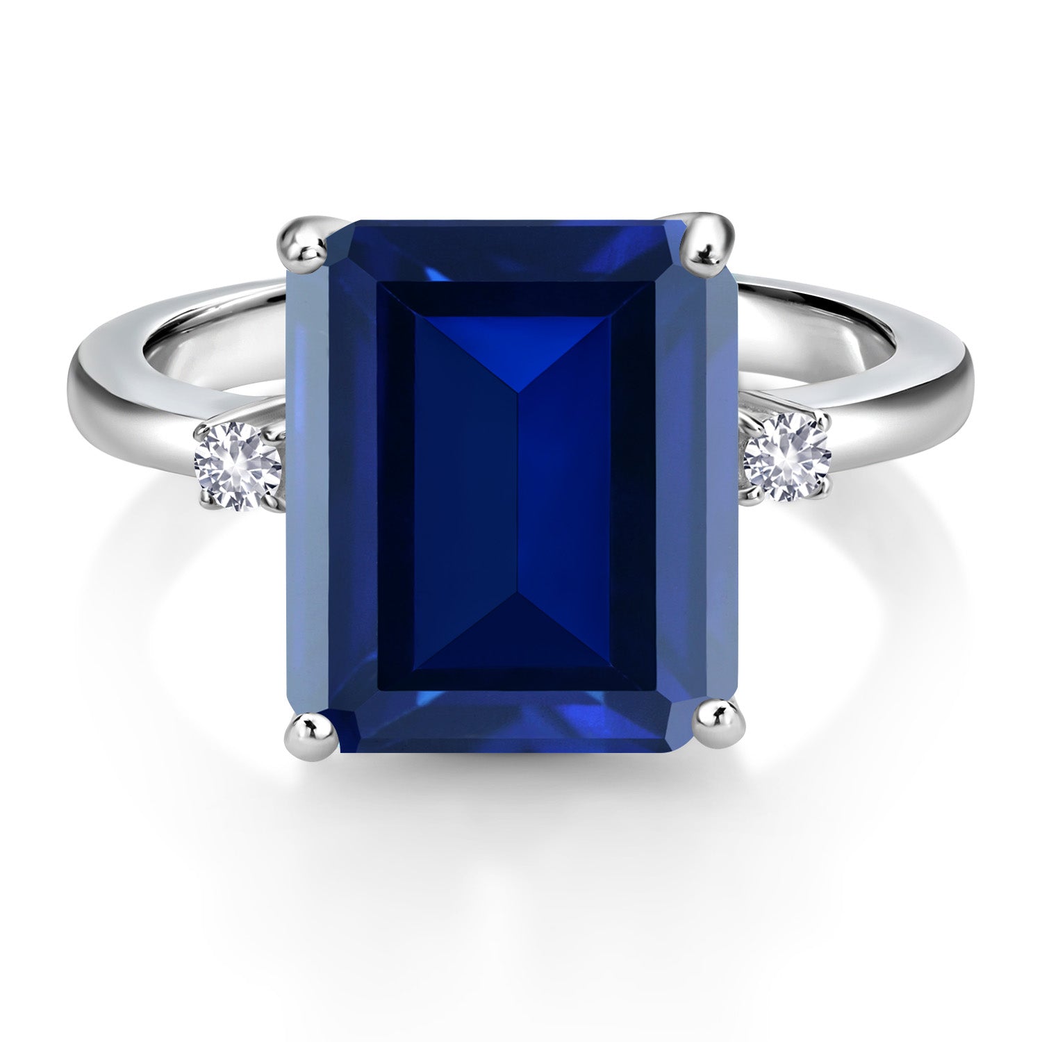 925 Sterling Silver 12X10MM Blue Simulated Sapphire and 2MM White Created Sapphire 3 Stone Engagement Ring For Women | 6.78 Cttw | Gemstone September Birthstone | Available in Size 5,6,7,8,9