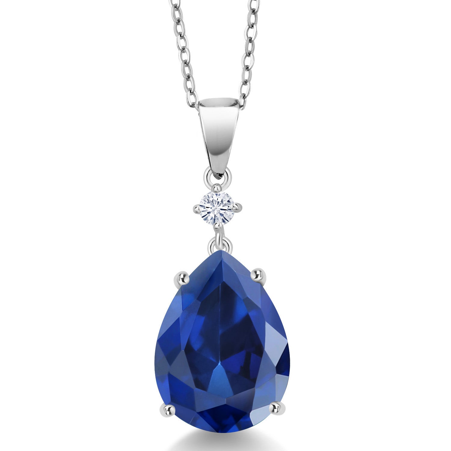 10.30 Cttw Blue Simulated Sapphire and White Moissanite from Charles & Colvard Pendant Necklace For Women In 925 Sterling Silver | Pear Shape 16X12MM | With 18 Inch Chain