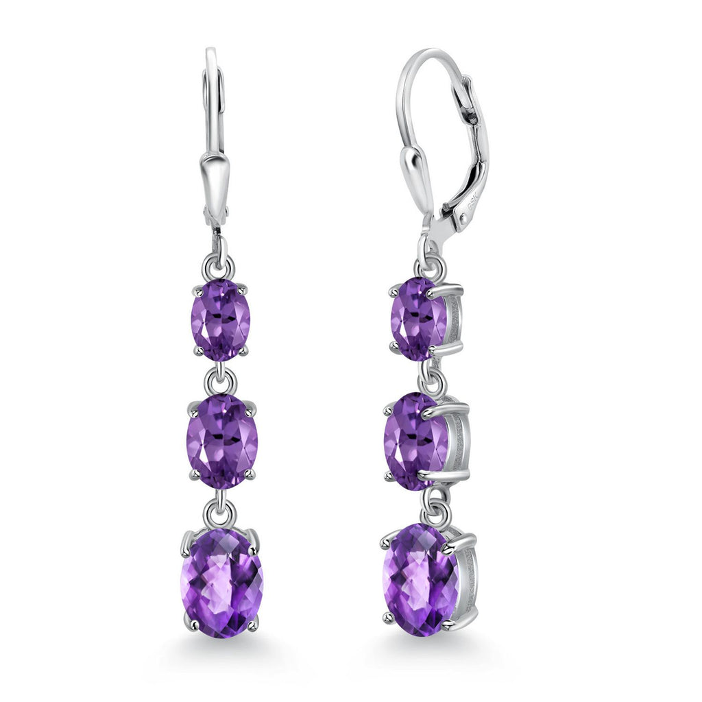 Gem Stone King 3-Stone Leverback Drop Dangle Earrings for Women | 925 Sterling Silver | Oval Gemstone Birthstone 8X6MM 7X5MM 6X4MM | Jewelry Gifts for Mom Wife Her
