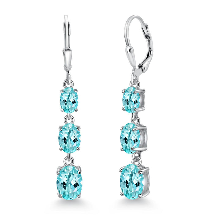 Gem Stone King 3-Stone Leverback Drop Dangle Earrings for Women | 925 Sterling Silver | Oval Gemstone Birthstone 8X6MM 7X5MM 6X4MM | Jewelry Gifts for Mom Wife Her