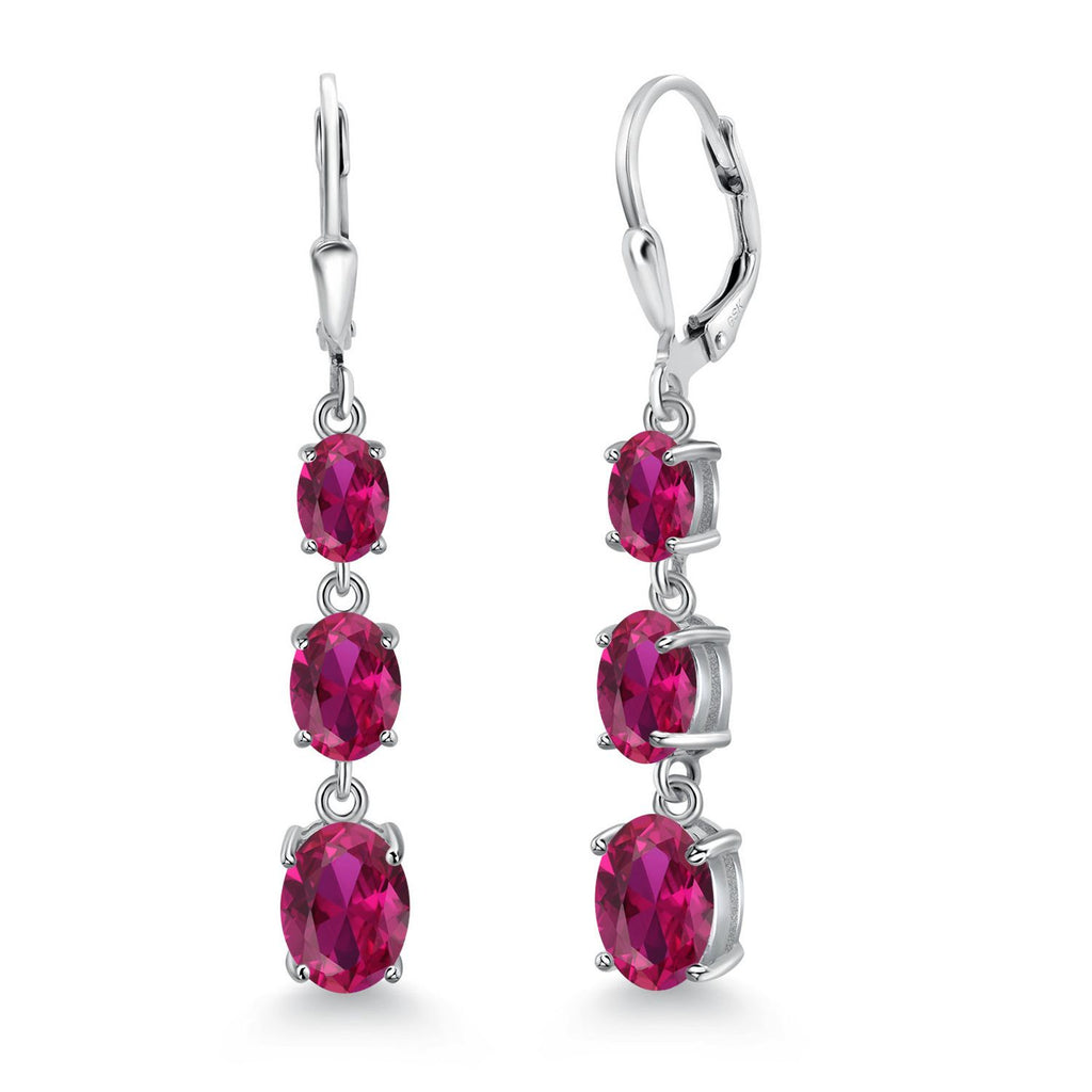 Gem Stone King 3-Stone Leverback Drop Dangle Earrings for Women | 925 Sterling Silver | Oval Gemstone Birthstone 8X6MM 7X5MM 6X4MM | Jewelry Gifts for Mom Wife Her