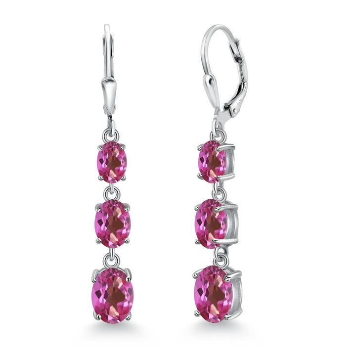 Gem Stone King 3-Stone Leverback Drop Dangle Earrings for Women | 925 Sterling Silver | Oval Gemstone Birthstone 8X6MM 7X5MM 6X4MM | Jewelry Gifts for Mom Wife Her