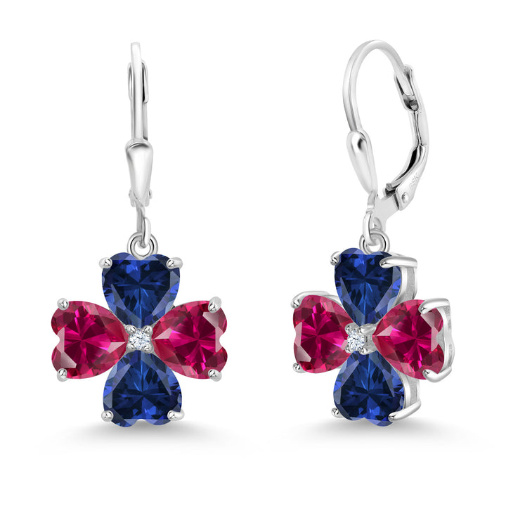 925 Sterling Silver Red Created Ruby and Blue Created Sapphire Dangle Earrings For Women (7.07 Cttw, Gemstone July Birthstone, Heart Shape 6MM)