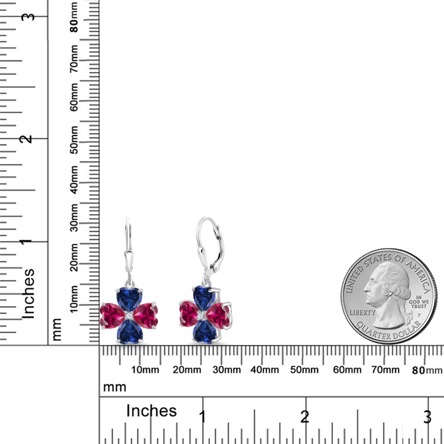 925 Sterling Silver Red Created Ruby and Blue Created Sapphire Dangle Earrings For Women (7.07 Cttw, Gemstone July Birthstone, Heart Shape 6MM)