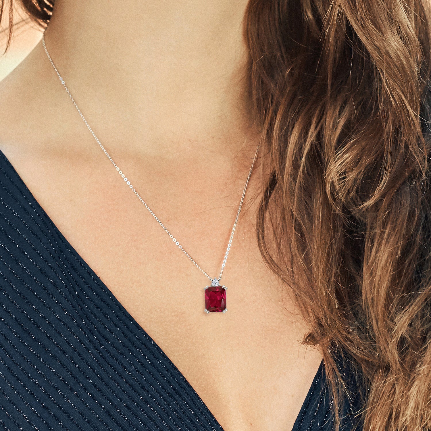 925 Sterling Silver Red Created Ruby and Lab Grown Diamond Pendant Necklace for Women | 5.84 Cttw | Gemstone July Birthstone | Octagon 12X10MM | With 18 Inch Chain