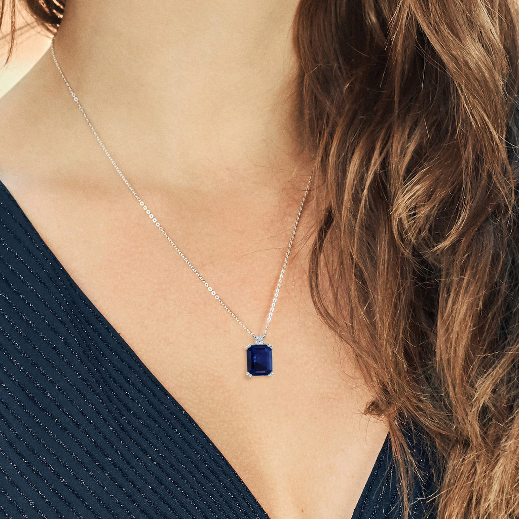 925 Sterling Silver Blue Sapphire and Lab Grown Diamond Pendant Necklace for Women | 5.56 Cttw | Gemstone September Birthstone | Octagon 12X10MM | With 18 Inch Chain