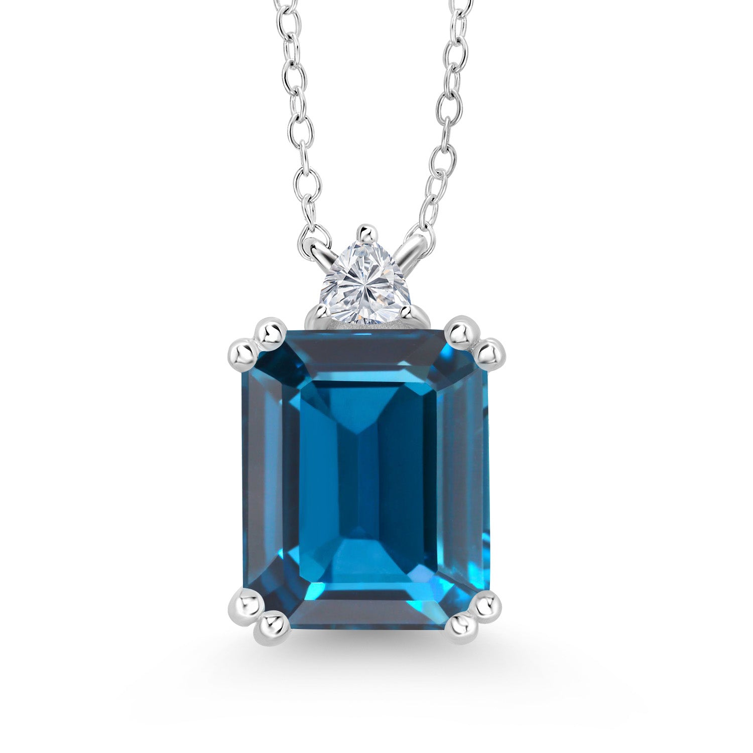 925 Sterling Silver London Blue Topaz and Lab Grown Diamond Pendant Necklace for Women | 7.64 Cttw | Gemstone November Birthstone | Emerald Cut 12X10MM | With 18 Inch Chain