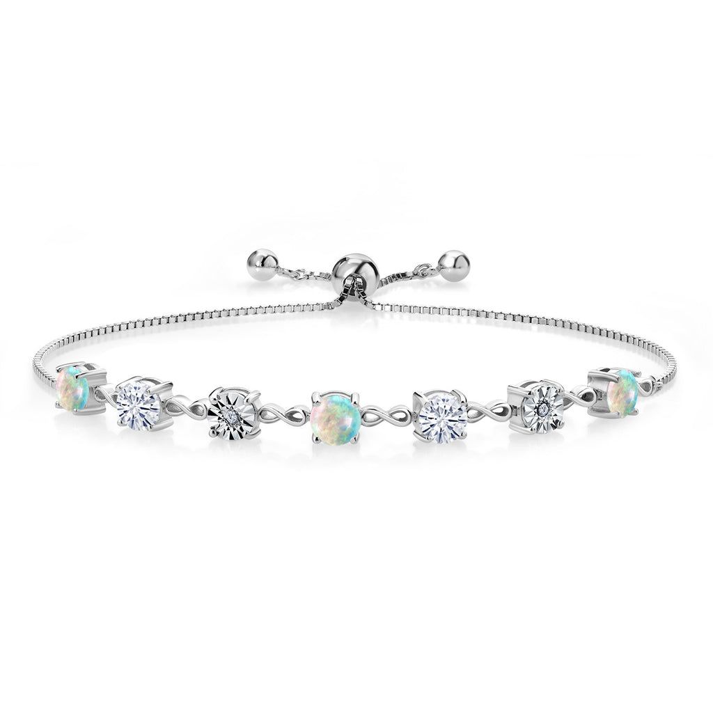 Gem Stone King Gemstone Birthstone White Moissanite and Lab Grown Diamond Accent Infinity Tennis Bracelet for Women in 925 Sterling Silver | Round 5MM and 1MM | Adjustable Bolo Up to 9 Inch | Easy-On Easy-Off