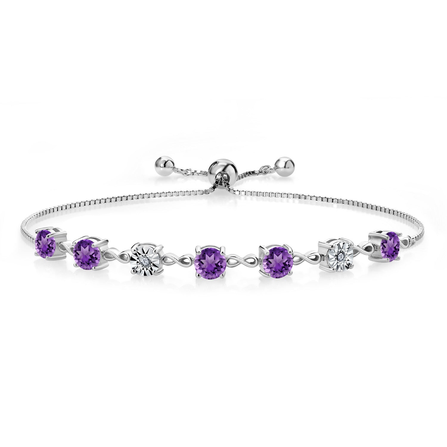 925 Sterling Silver Round Purple Amethyst and White Lab Grown Diamond Tennis Bracelet For Women (2.39 Cttw Fully Adjustable Up to 9 Inch)