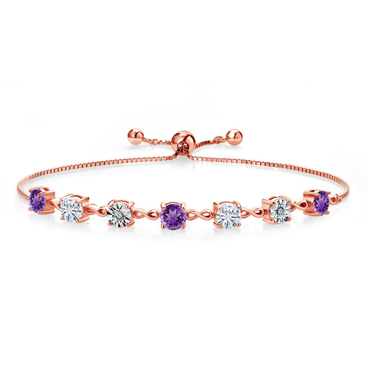 Gem Stone King Gemstone Birthstone White Moissanite and Lab Grown Diamond Accent Infinity Tennis Bracelet for Women in 925 Sterling Silver | Round 5MM and 1MM | Adjustable Bolo Up to 9 Inch | Easy-On Easy-Off