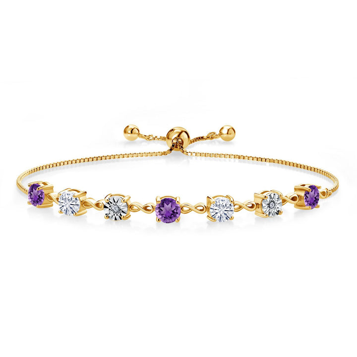 Gem Stone King Gemstone Birthstone White Moissanite and Lab Grown Diamond Accent Infinity Tennis Bracelet for Women in 925 Sterling Silver | Round 5MM and 1MM | Adjustable Bolo Up to 9 Inch | Easy-On Easy-Off