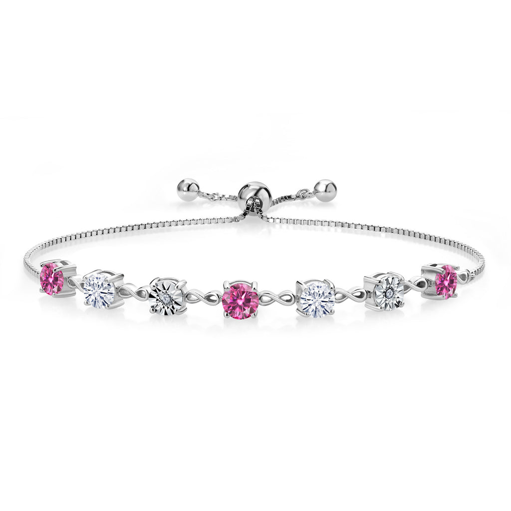 Gem Stone King Gemstone Birthstone White Moissanite and Lab Grown Diamond Accent Infinity Tennis Bracelet for Women in 925 Sterling Silver | Round 5MM and 1MM | Adjustable Bolo Up to 9 Inch | Easy-On Easy-Off