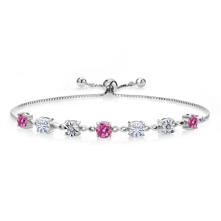 Gem Stone King Gemstone Birthstone White Moissanite and Lab Grown Diamond Accent Infinity Tennis Bracelet for Women in 925 Sterling Silver | Round 5MM and 1MM | Adjustable Bolo Up to 9 Inch | Easy-On Easy-Off