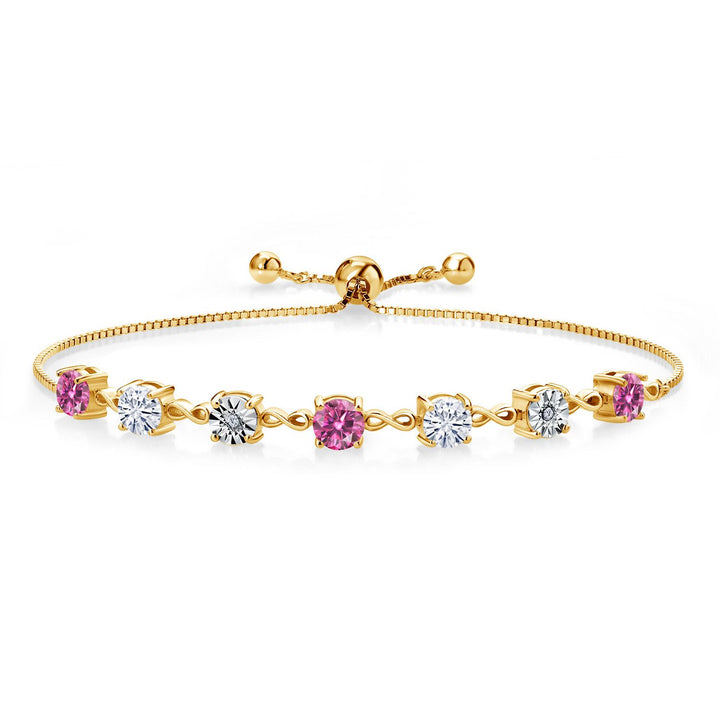 Gem Stone King Gemstone Birthstone White Moissanite and Lab Grown Diamond Accent Infinity Tennis Bracelet for Women in 925 Sterling Silver | Round 5MM and 1MM | Adjustable Bolo Up to 9 Inch | Easy-On Easy-Off