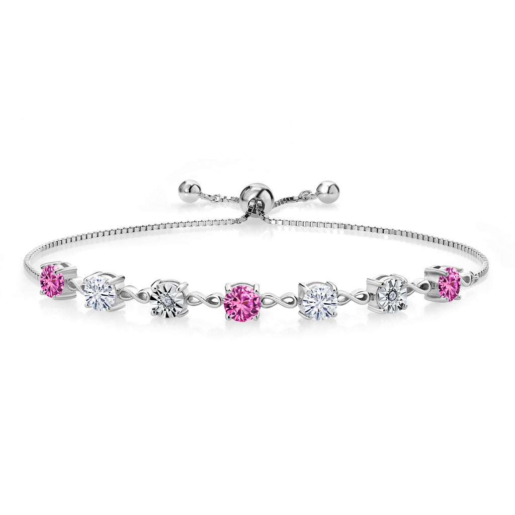 Gem Stone King Gemstone Birthstone White Moissanite and Lab Grown Diamond Accent Infinity Tennis Bracelet for Women in 925 Sterling Silver | Round 5MM and 1MM | Adjustable Bolo Up to 9 Inch | Easy-On Easy-Off