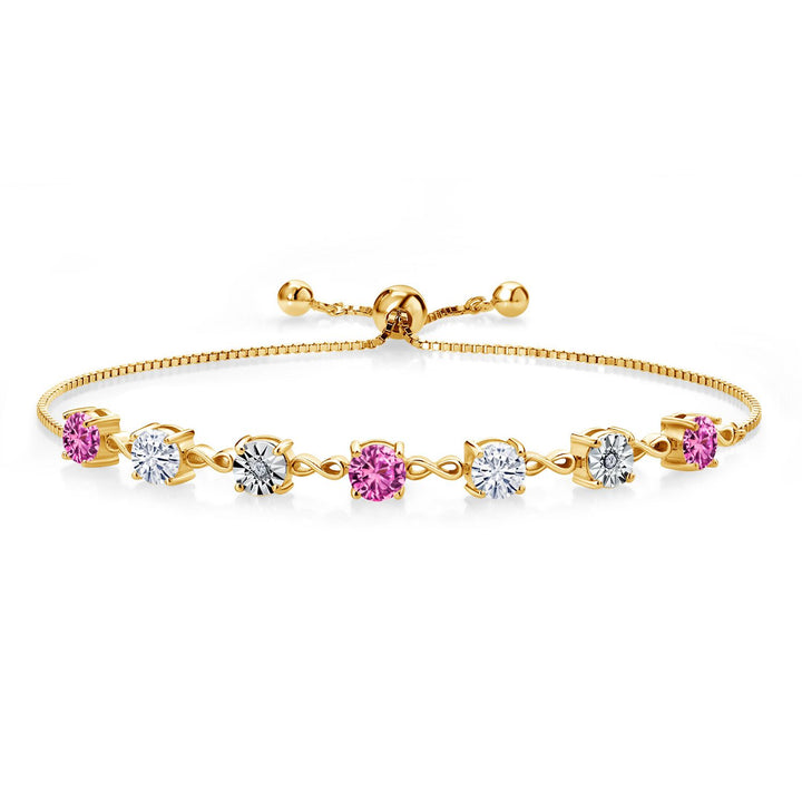 Gem Stone King Gemstone Birthstone White Moissanite and Lab Grown Diamond Accent Infinity Tennis Bracelet for Women in 925 Sterling Silver | Round 5MM and 1MM | Adjustable Bolo Up to 9 Inch | Easy-On Easy-Off