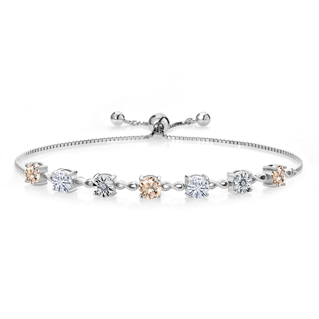 Gem Stone King Gemstone Birthstone White Moissanite and Lab Grown Diamond Accent Infinity Tennis Bracelet for Women in 925 Sterling Silver | Round 5MM and 1MM | Adjustable Bolo Up to 9 Inch | Easy-On Easy-Off