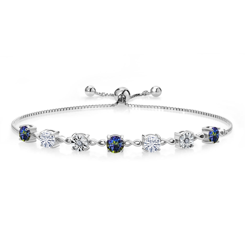 Gem Stone King Gemstone Birthstone White Moissanite and Lab Grown Diamond Accent Infinity Tennis Bracelet for Women in 925 Sterling Silver | Round 5MM and 1MM | Adjustable Bolo Up to 9 Inch | Easy-On Easy-Off
