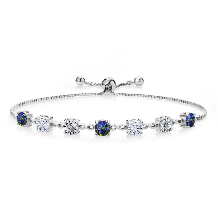 Gem Stone King Gemstone Birthstone White Moissanite and Lab Grown Diamond Accent Infinity Tennis Bracelet for Women in 925 Sterling Silver | Round 5MM and 1MM | Adjustable Bolo Up to 9 Inch | Easy-On Easy-Off