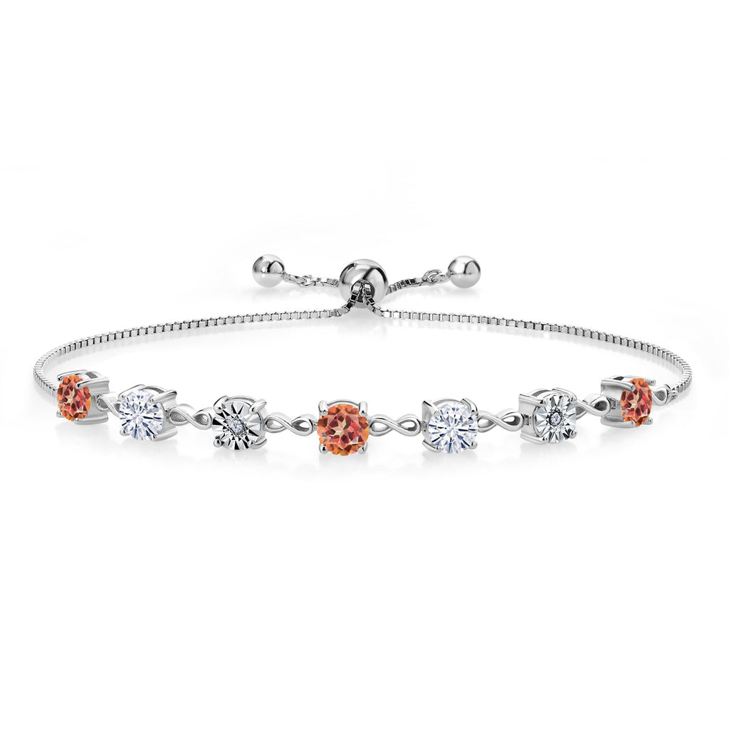 Gem Stone King Gemstone Birthstone White Moissanite and Lab Grown Diamond Accent Infinity Tennis Bracelet for Women in 925 Sterling Silver | Round 5MM and 1MM | Adjustable Bolo Up to 9 Inch | Easy-On Easy-Off