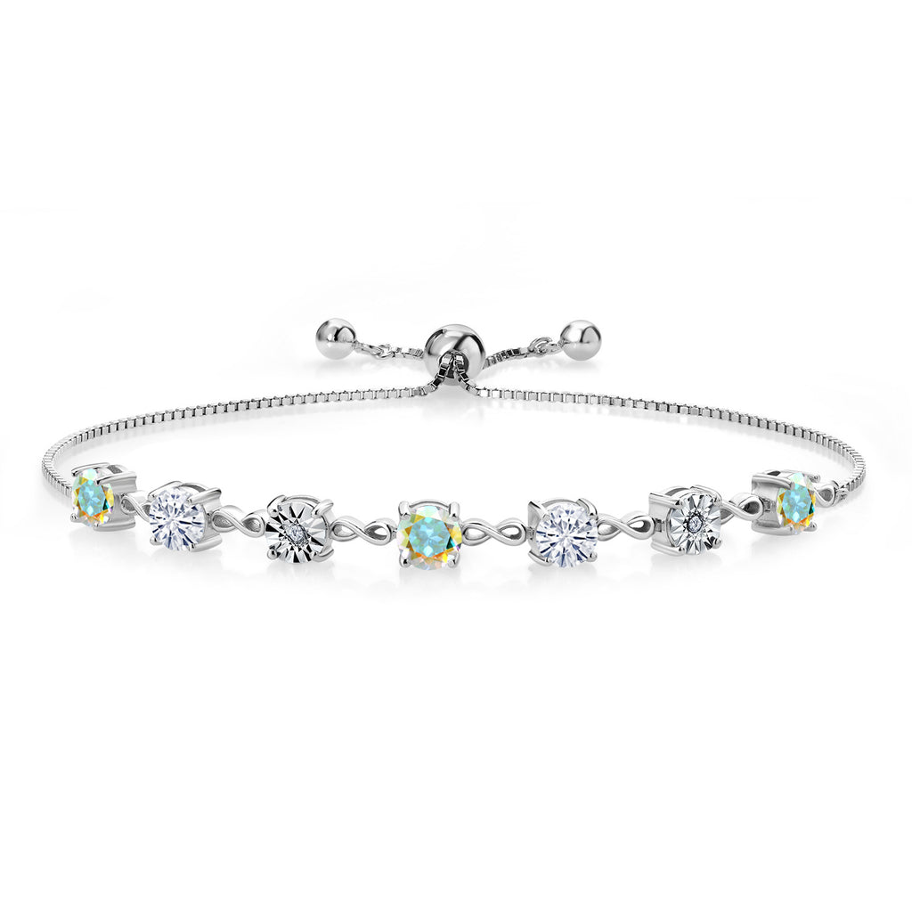Gem Stone King Gemstone Birthstone White Moissanite and Lab Grown Diamond Accent Infinity Tennis Bracelet for Women in 925 Sterling Silver | Round 5MM and 1MM | Adjustable Bolo Up to 9 Inch | Easy-On Easy-Off