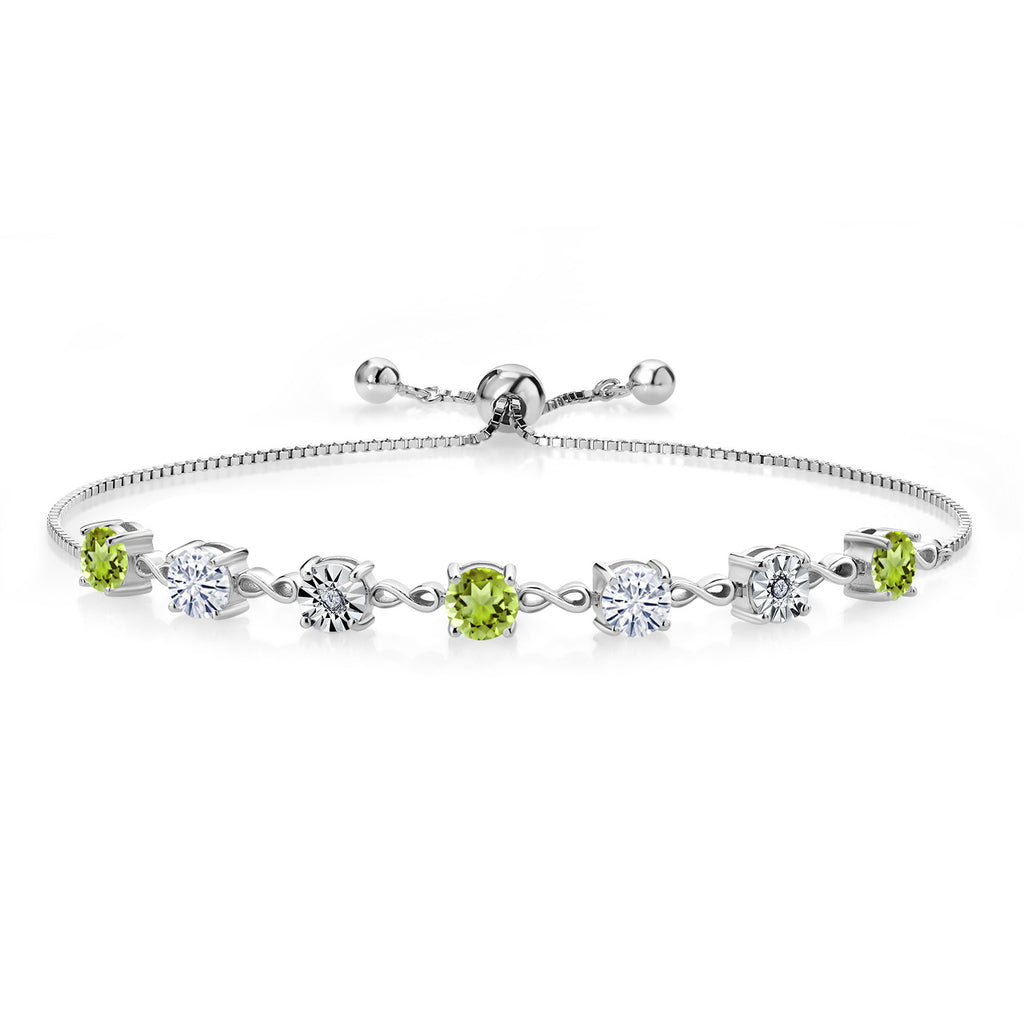 Gem Stone King Gemstone Birthstone White Moissanite and Lab Grown Diamond Accent Infinity Tennis Bracelet for Women in 925 Sterling Silver | Round 5MM and 1MM | Adjustable Bolo Up to 9 Inch | Easy-On Easy-Off