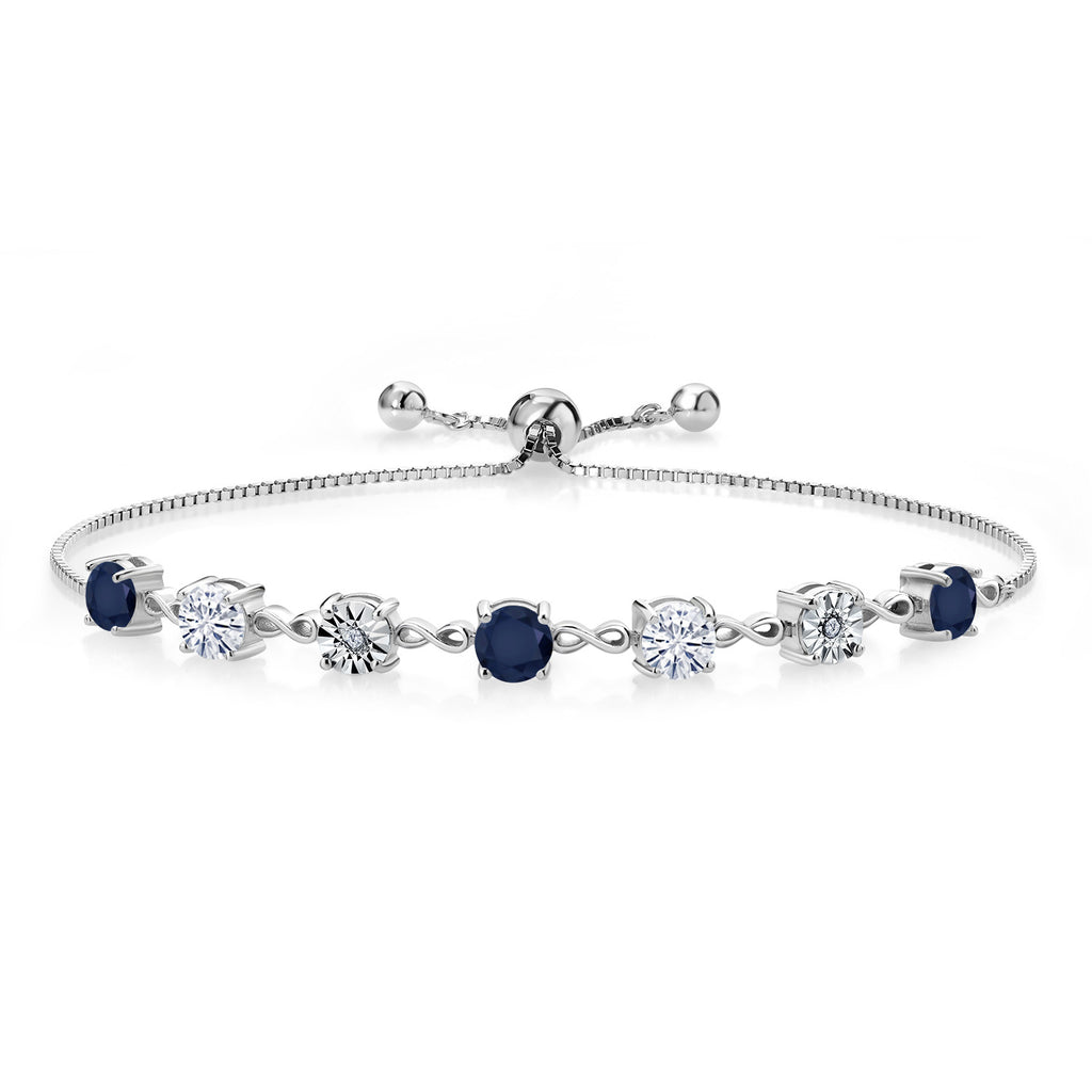 Gem Stone King Gemstone Birthstone White Moissanite and Lab Grown Diamond Accent Infinity Tennis Bracelet for Women in 925 Sterling Silver | Round 5MM and 1MM | Adjustable Bolo Up to 9 Inch | Easy-On Easy-Off