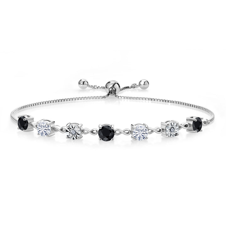 Gem Stone King Gemstone Birthstone White Moissanite and Lab Grown Diamond Accent Infinity Tennis Bracelet for Women in 925 Sterling Silver | Round 5MM and 1MM | Adjustable Bolo Up to 9 Inch | Easy-On Easy-Off