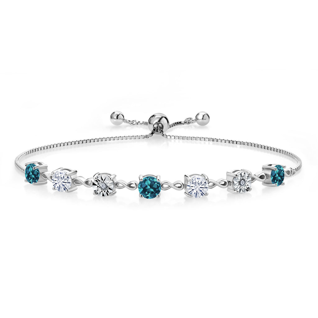 Gem Stone King Gemstone Birthstone White Moissanite and Lab Grown Diamond Accent Infinity Tennis Bracelet for Women in 925 Sterling Silver | Round 5MM and 1MM | Adjustable Bolo Up to 9 Inch | Easy-On Easy-Off