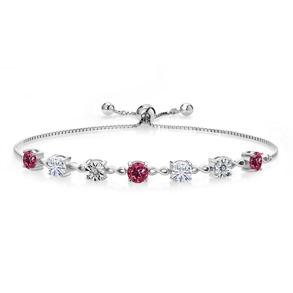 Gem Stone King Gemstone Birthstone White Moissanite and Lab Grown Diamond Accent Infinity Tennis Bracelet for Women in 925 Sterling Silver | Round 5MM and 1MM | Adjustable Bolo Up to 9 Inch | Easy-On Easy-Off