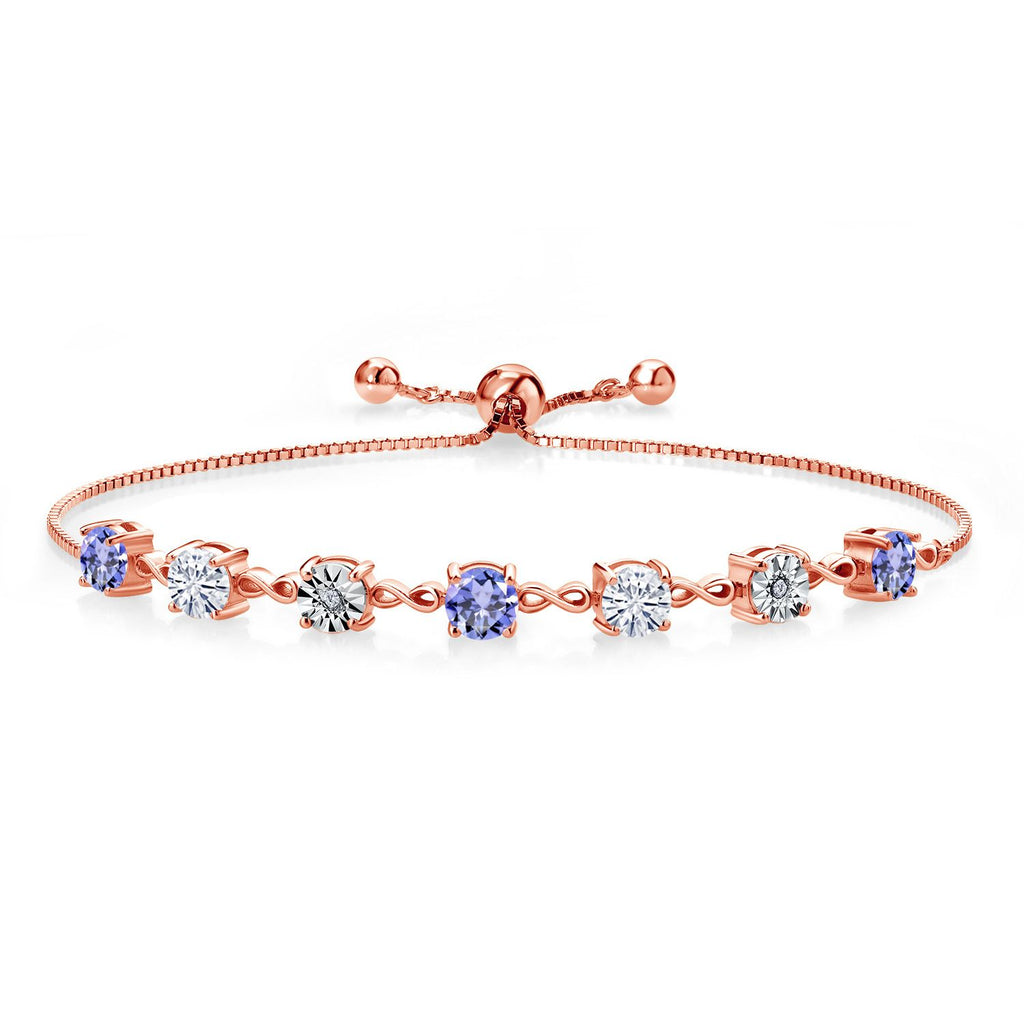 Gem Stone King Gemstone Birthstone White Moissanite and Lab Grown Diamond Accent Infinity Tennis Bracelet for Women in 925 Sterling Silver | Round 5MM and 1MM | Adjustable Bolo Up to 9 Inch | Easy-On Easy-Off