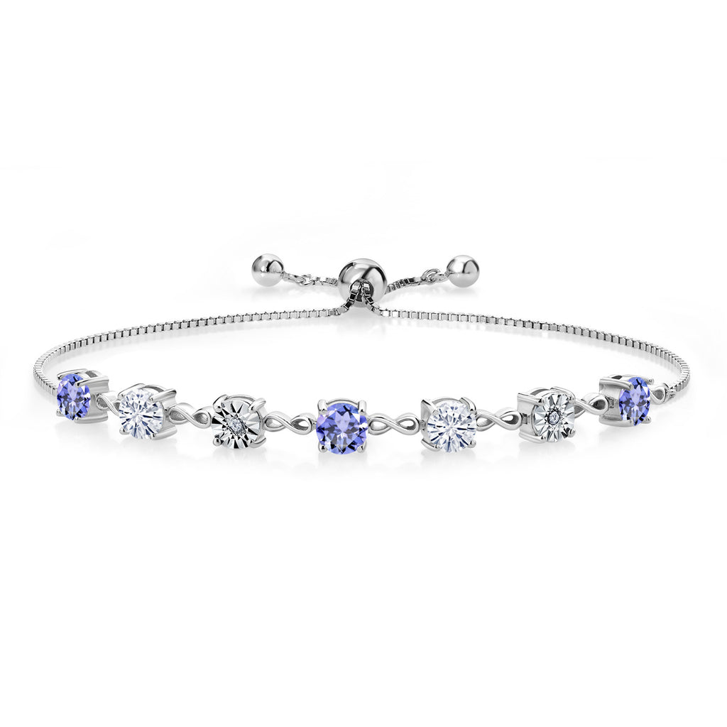 Gem Stone King Gemstone Birthstone White Moissanite and Lab Grown Diamond Accent Infinity Tennis Bracelet for Women in 925 Sterling Silver | Round 5MM and 1MM | Adjustable Bolo Up to 9 Inch | Easy-On Easy-Off