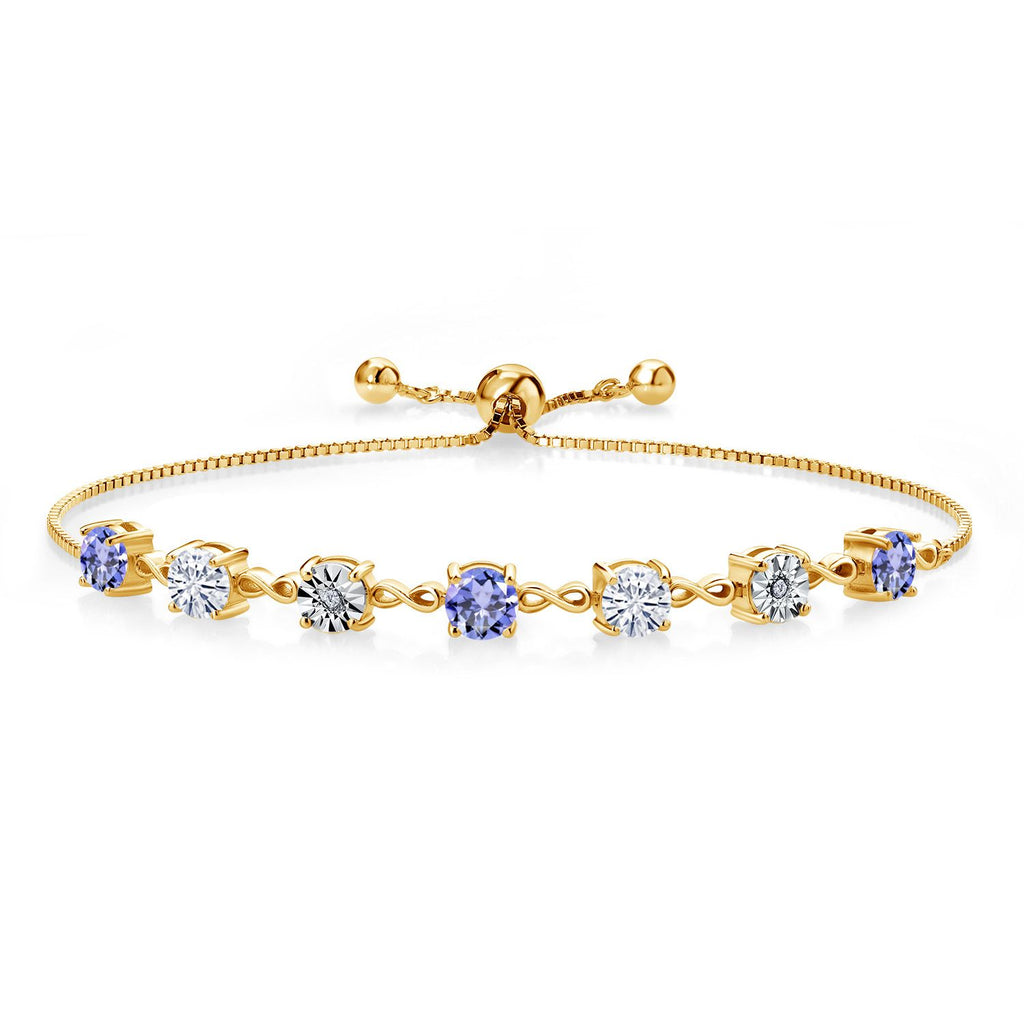 Gem Stone King Gemstone Birthstone White Moissanite and Lab Grown Diamond Accent Infinity Tennis Bracelet for Women in 925 Sterling Silver | Round 5MM and 1MM | Adjustable Bolo Up to 9 Inch | Easy-On Easy-Off