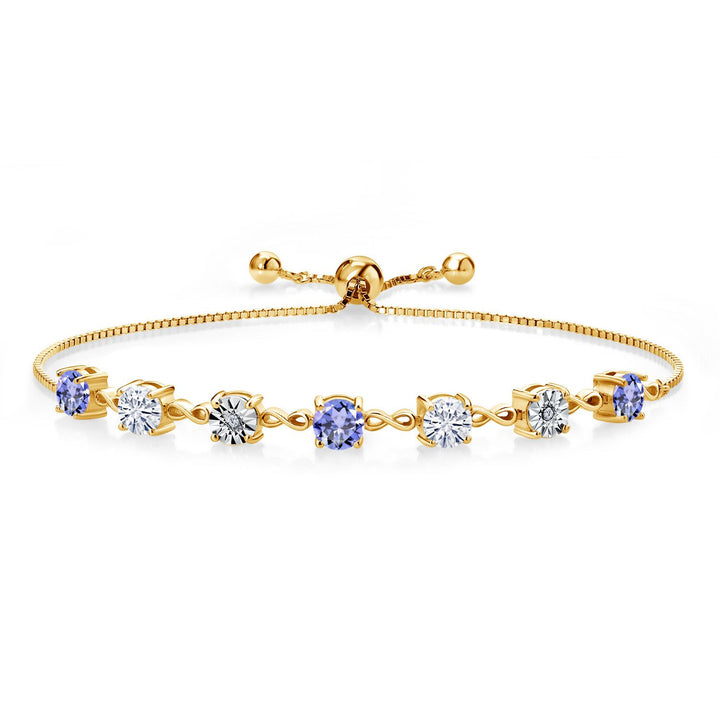 Gem Stone King Gemstone Birthstone White Moissanite and Lab Grown Diamond Accent Infinity Tennis Bracelet for Women in 925 Sterling Silver | Round 5MM and 1MM | Adjustable Bolo Up to 9 Inch | Easy-On Easy-Off
