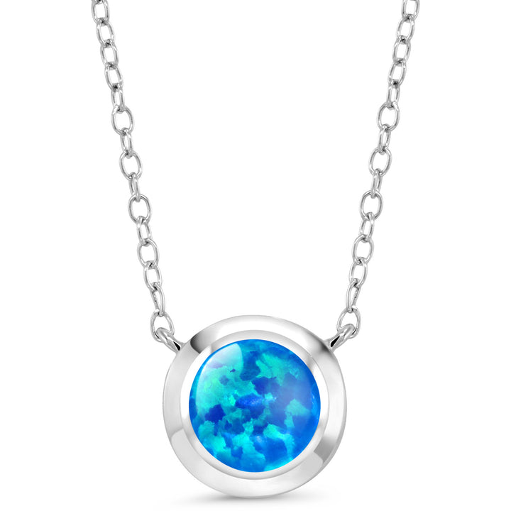 Blue Simulated Opal - October_Necklace in 925 Sterling Silver
