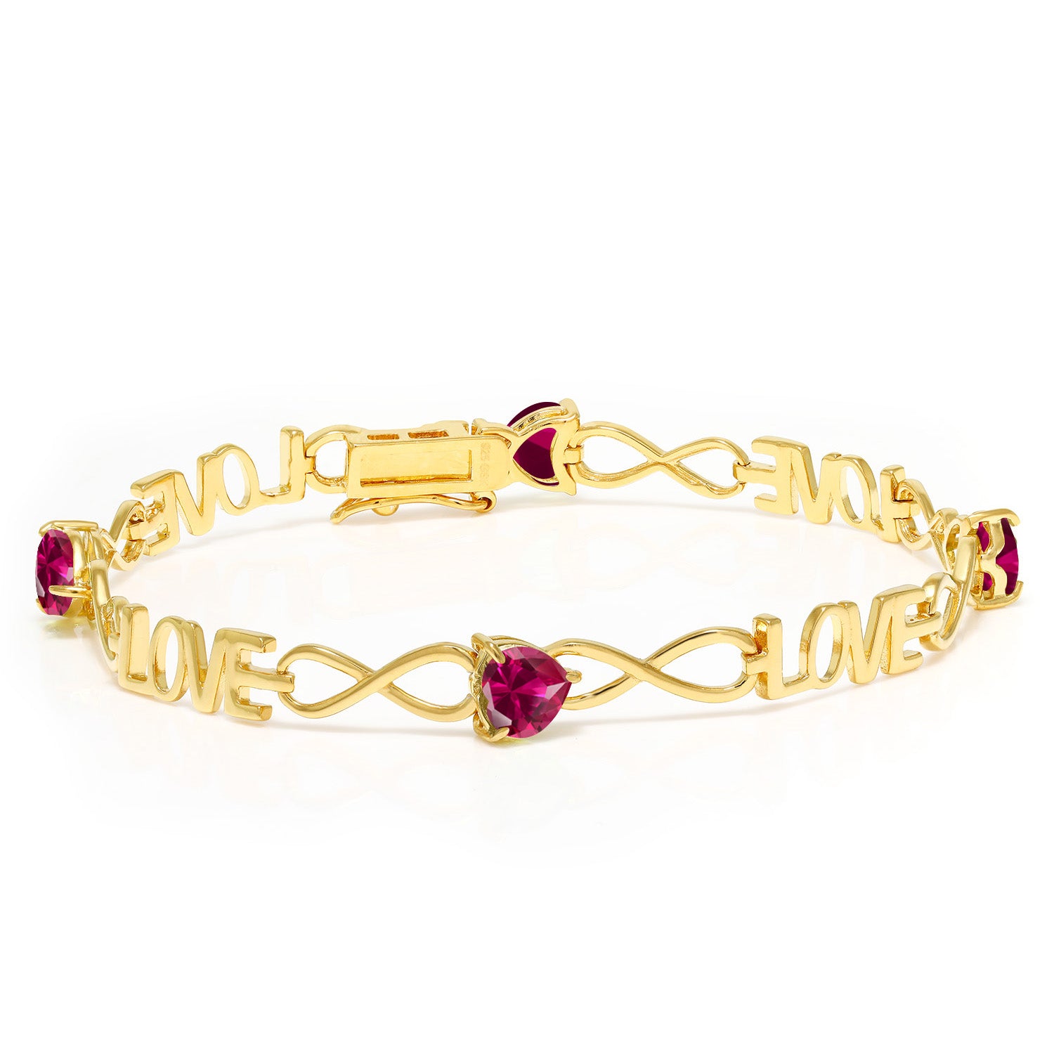 3.84 Ct Heart Shape Red Created Ruby 18K Yellow Gold Plated Silver Bracelet For Women