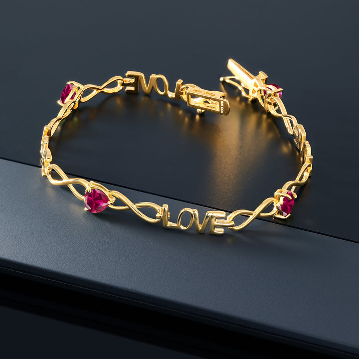 3.84 Ct Heart Shape Red Created Ruby 18K Yellow Gold Plated Silver Bracelet For Women