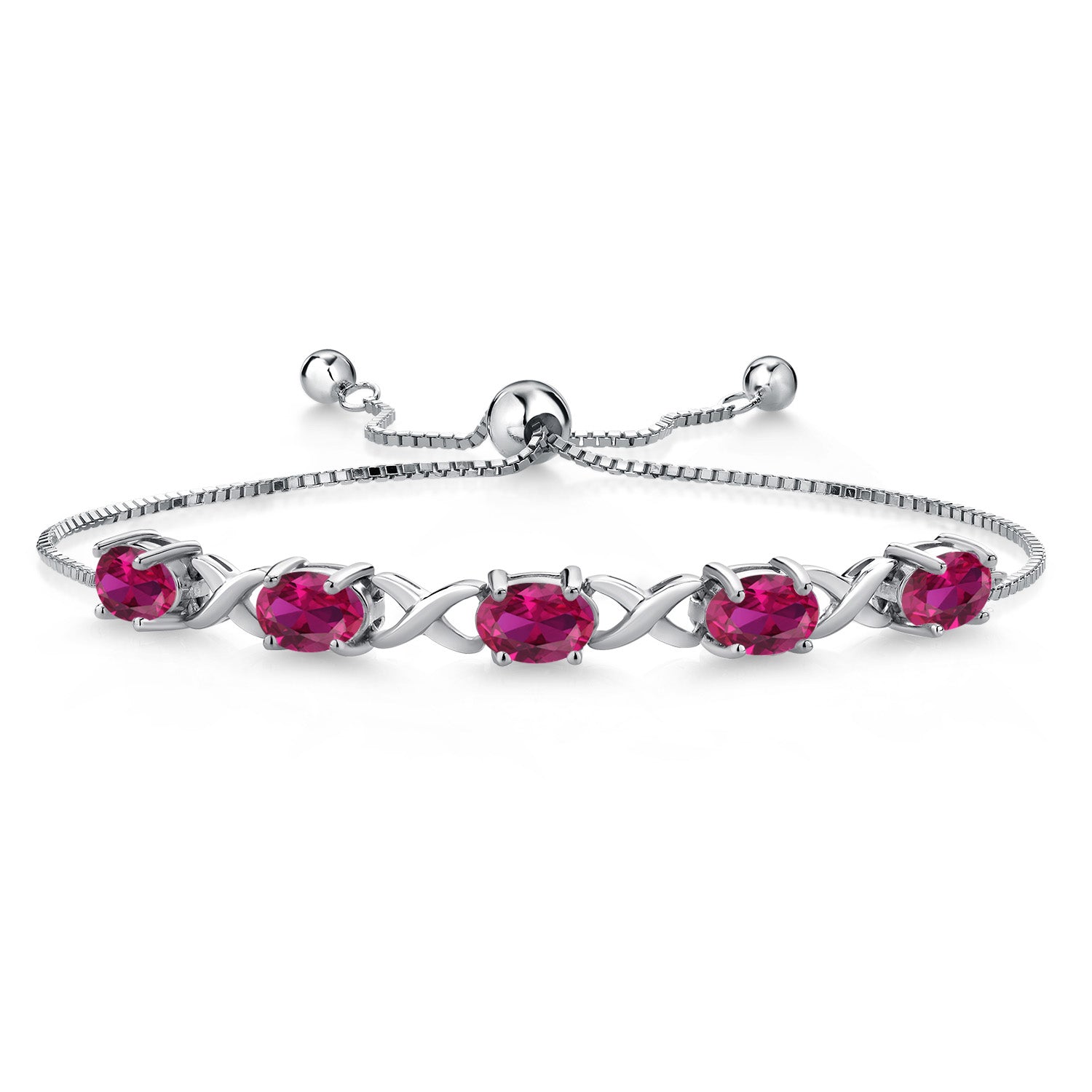 925 Sterling Silver Red Created Ruby Bracelet For Women (4.25 Cttw, Gemstone July Birthstone, Oval 7X5MM, Fully Adjustable Up to 9 Inches)