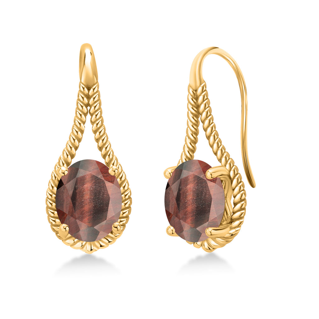 Red Tiger Eye_Earrings in 925 Yellow Gold Plated Silver